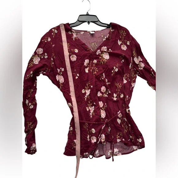 Old Navy Burgundy Floral Long Sleeve Tie-Waist Blouse - Large Tall - Picture 5 of 7